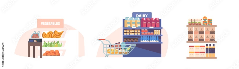 Grocery or Supermarket Interior Isolated Icons or Design Elements. Store With Shelves and Products, Scales on Desk