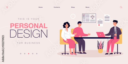 Lawyer talking to clients. Legal worker giving advice to couple, financial consultation flat vector illustration. Communication, legislation concept for banner, website design or landing web page