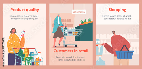 People Visiting Supermarket Cartoon Banners. Happy Man and Woman Choosing Products in Store, Characters Walk at Shop