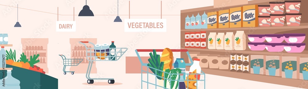Grocery Supermarket Interior With Full Product Shelves and Shopping Trolleys. Retail, Merchandising and Consumerism Grocery Supermarket Interior With Full Product Shelves and Shopping Trolleys. Retail, Merchandising and Consumerism