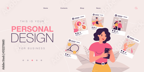 Cartoon young woman sharing life moments at social networks. Vector flat illustration. Modern happy girl holding smartphone, making posts on Internet. Addiction, social networks, Internet concept