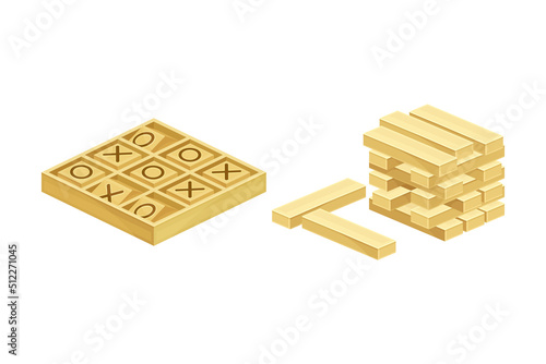 Jenga tower building and scrabble board games set vector illustration