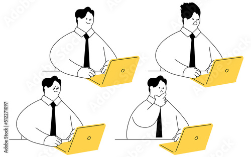 Vector illustration of a businessman operating a laptop computer. Various emotions.