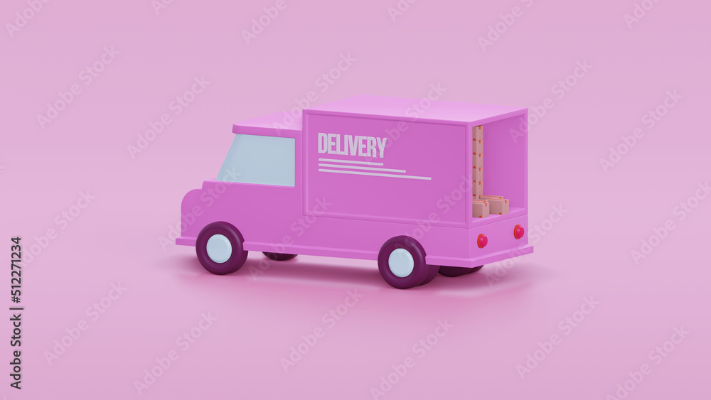 Concept shipping auto delivery. Pink delivery car deliver express with cardboard boxes cartoon shipping and transportation concept on Pink background. 3d render Concept shipping auto delivery. Pink delivery car deliver express with cardboard boxes cartoon shipping and transportation concept on Pink background. 3d render