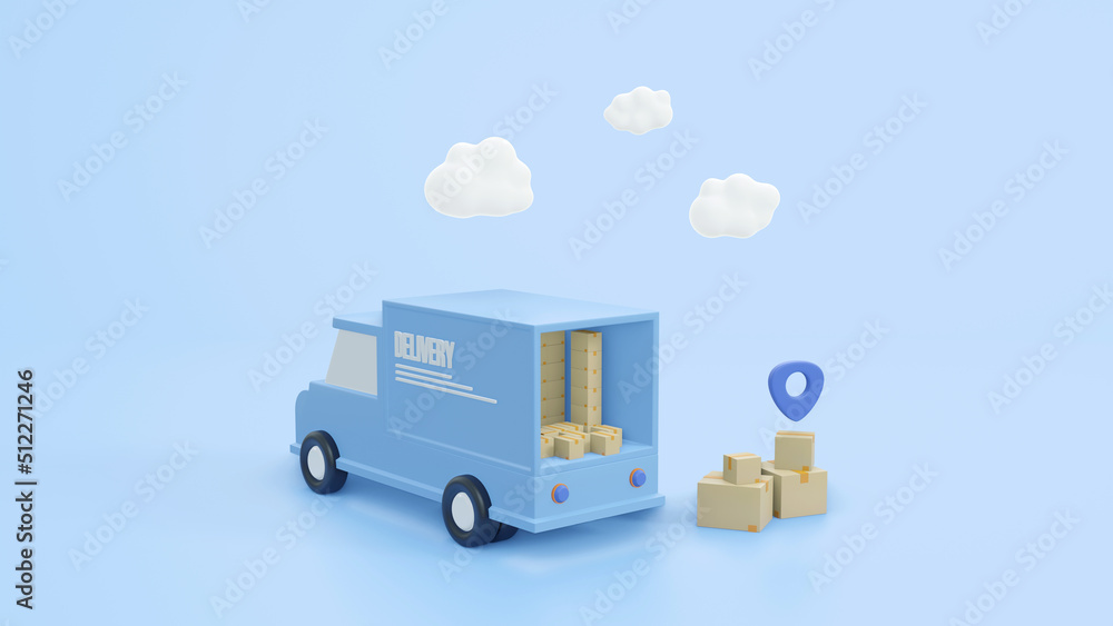 Concept delivery car paper boxes. Shipment delivery by truck and Pin pointer mark location delivery transportation logistics concept on blue background 3d rendering illustration Concept delivery car paper boxes. Shipment delivery by truck and Pin pointer mark location delivery transportation logistics concept on blue background 3d rendering illustration
