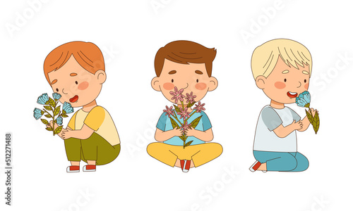 Happy little boys holding and smelling spring flowers set cartoon vector illustration