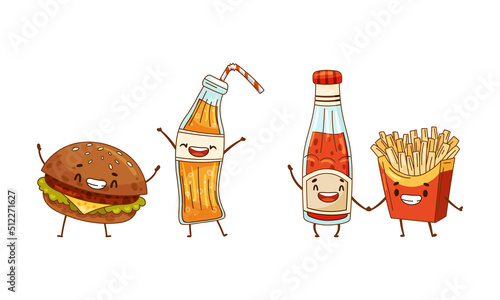 Fast food set. Soda drink and burger, ketchup and french fries are friends forever cartoon vector illustration