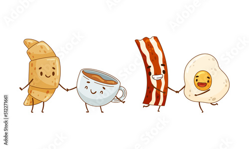 Fast food set. Fried bacon and egg, croissant and coffee are friends forever cartoon vector illustration