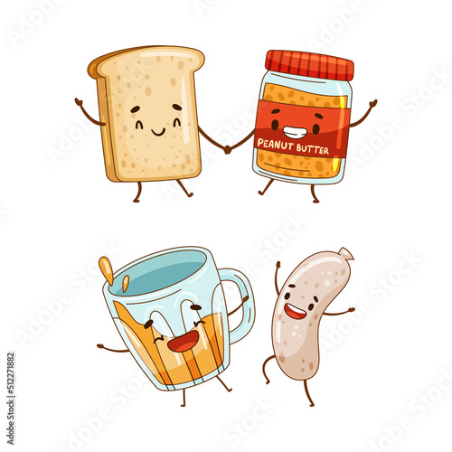 Fast food set. Sandwich and peanut butter, beer and sausage are friends forever cartoon vector illustration