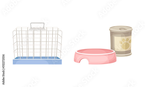 Metal wire cage, pet food and bowl. Pet supplies and accessories set cartoon vector illustration