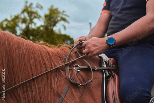 Close up of horse reins with a rider on it