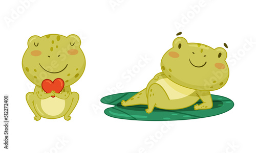 Green funny frog characters set. Cute happy toad amphibian animal cartoon vector illustration