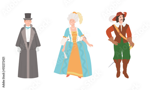 Inhabitants of Europe of Renaissance period set. People wearing medieval fashion vintage clothes cartoon vector illustration