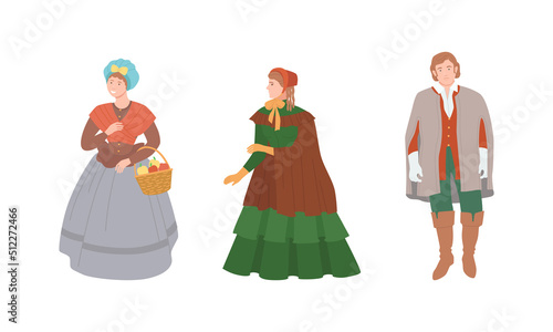 Inhabitants of medieval Europe wearing traditional clothing set cartoon vector illustration
