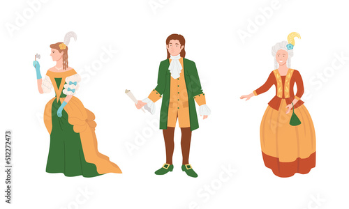 Inhabitants of medieval Europe wearing traditional clothing set cartoon vector illustration