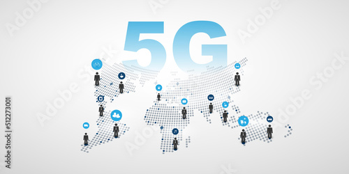 Rising 5G Network Label with 3D World Map, People and Icons - High Speed Broadband Mobile Telecommunication and Wireless Internet Design, New Cutting Edge Global Mobile Technology Concept
