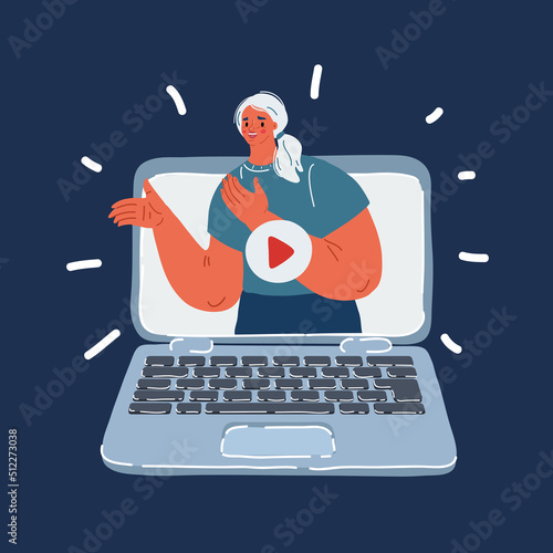 Cartoon vector illustration of woman blogger wideo on laptop screen.