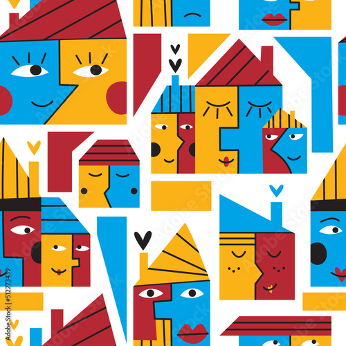 Bright seamless pattern with cute different houses. Colorful background with simple funny buildings with faces. Vector cartoon flat childish illustration