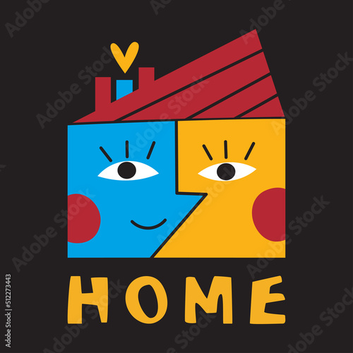 Cute house with eyes, mouth, cheeks on a black background. Simple funny building with face. The word house. Vector cartoon flat childish illustration