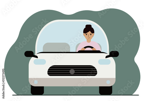 A woman driver drives a white car. Front view. Vector flat illustration