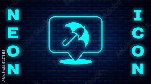 Glowing neon Umbrella icon isolated on brick wall background. Insurance concept. Waterproof icon. Protection, safety, security concept. Vector