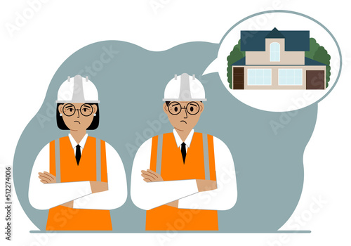 Civil engineers are thinking about building a house. A sad woman and a man in hardhats and vests are planning a work process.