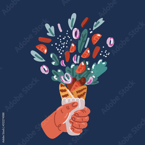 Cartoon vector illustration of Woman holding tasty chicken shawarma on dark backround