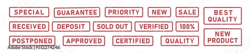 Grunge words approved, received, sold rubber stamps. Guarantee, sale, special sign sticker set. Grunge red vintage square label. Vector illustration isolated on white background.
