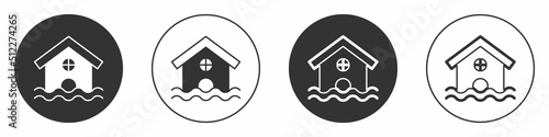 Black House flood icon isolated on white background. Home flooding under water. Insurance concept. Security, safety, protection, protect concept. Circle button. Vector