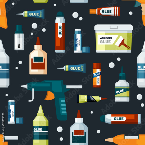 glue tubes pattern. office supplies plastic packages for glue. Vector seamless background in flat style