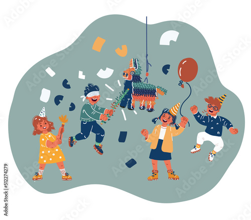 Vector illustration of kids on pinata birthday party