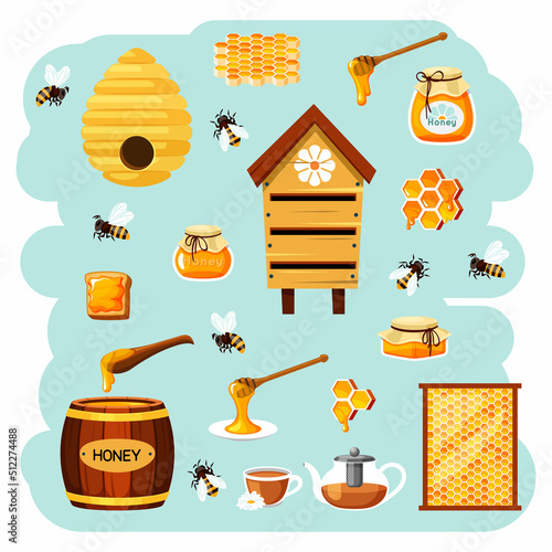 apiary. wax honey bee apiary farm natural eco product for healthy lifestyle. Vector cartoon set