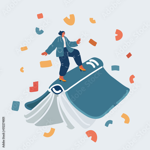 Cartoon illustration of Book festival concept. Young women flying on book and reading. Literary or festival writers. Book croosing, education and studies concept