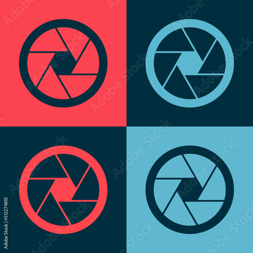 Pop art Camera shutter icon isolated on color background. Vector
