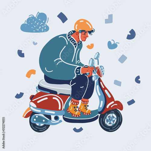 Cartoon illustration of Full length shot of big guy riding a small scooter
