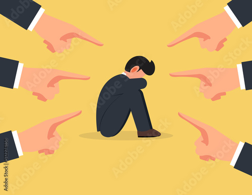 Non confident businessman, Opinion and the pressure of society. Hands of people point to the business.