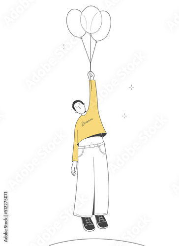 Young man flying with air balloons. Outline illustration