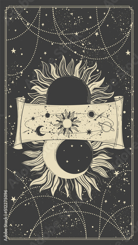 Sun and moon Vintage boho card on black background, mystical tarot background with universe device. Vector hand drawing, engraving design. Retro poster.