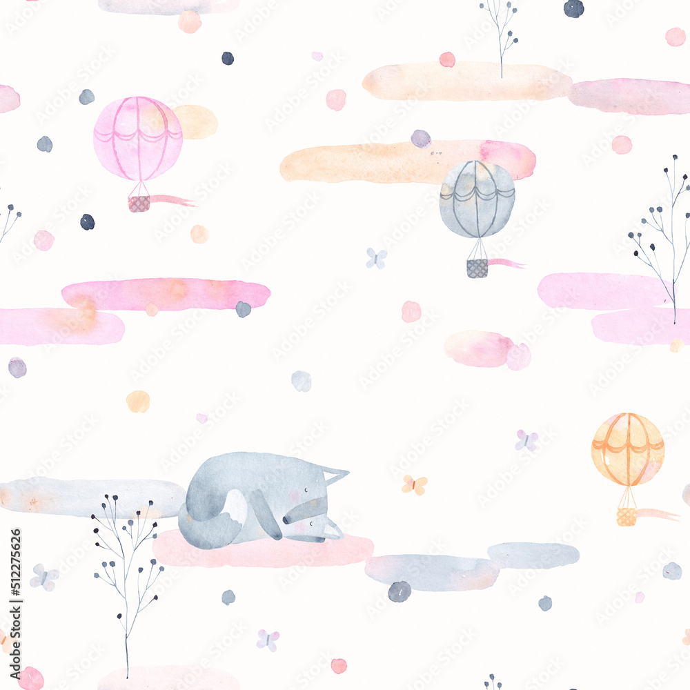 Watercolor background. Cute seamless pattern of wolf, clouds, balloons, butterflies and colored spots. Perfect for fabric, textile, wallpaper.