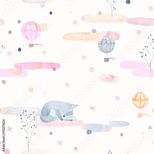 Watercolor background. Cute seamless pattern of wolf  clouds  balloons  butterflies and colored spots. Perfect for fabric  textile  wallpaper.