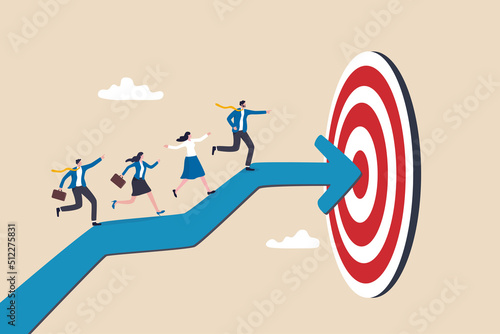 Team target or achievement, teamwork or leadership to lead to achieve goal, business direction or success, career path or growth concept, business people coworkers walking up arrow to reach target. photo