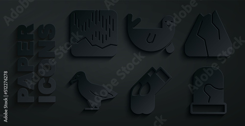 Set Socks, Mountains, Albatross, Christmas mittens, Fur seal animal and Northern lights icon. Vector
