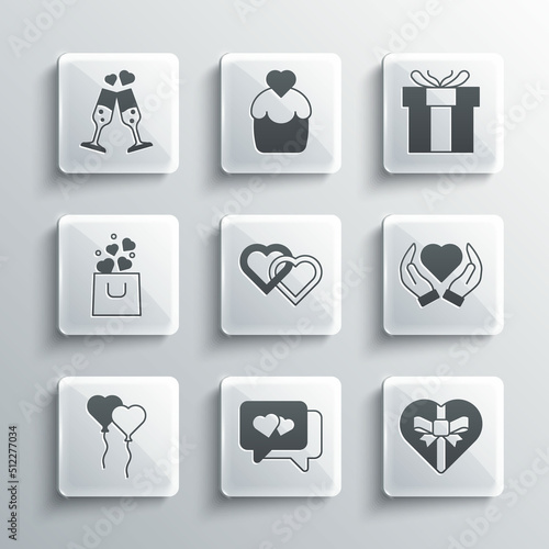 Set Heart in speech bubble, Candy heart shaped box, hand, Two Linked Hearts, Balloons form of, Shopping bag with, Glass champagne and Gift icon. Vector