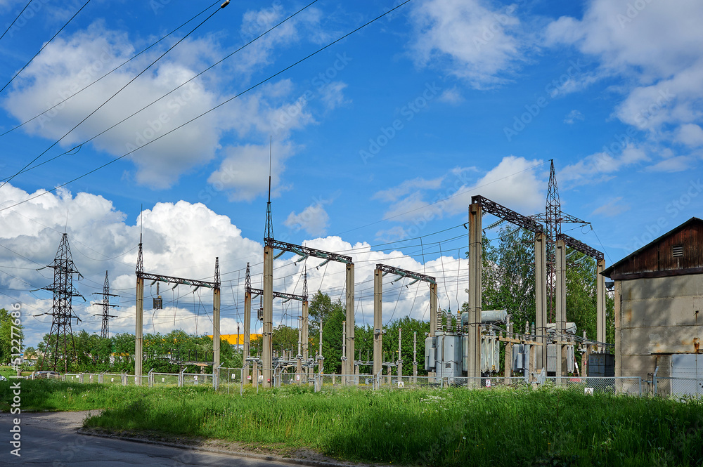 high-voltage electrical substation against the blue sky