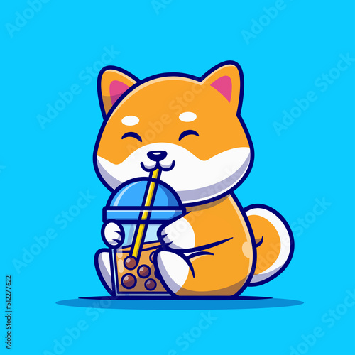 Cute Shiba Inu Dog Drink Milk Tea Boba Cartoon Vector Icon Illustration. Animal Drink Icon Concept Isolated Premium Vector. Flat Cartoon Style