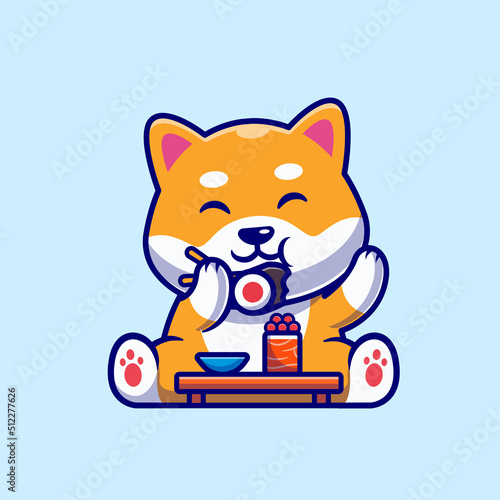 Cute Shiba Inu Dog Eating Sushi Cartoon Vector Icon Illustration. Animal Food Icon Concept Isolated Premium Vector. Flat Cartoon Style