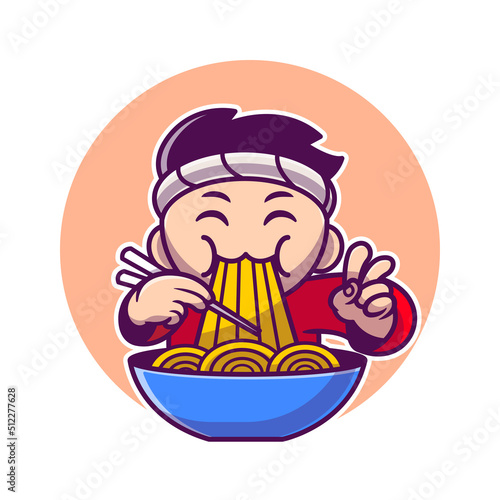 Man Eating Ramen Noodle With Chopstick Cartoon Vector Icon Illustration. People Food Icon Concept Isolated Premium Vector. Flat Cartoon Style