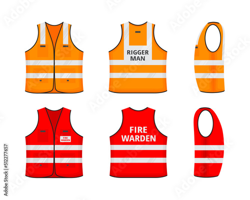 Safety reflective vest with labels tag flat style design vector illustration set. Red and orange fluorescent security safety work jacket with reflective stripes. Front, back view uniform vest.