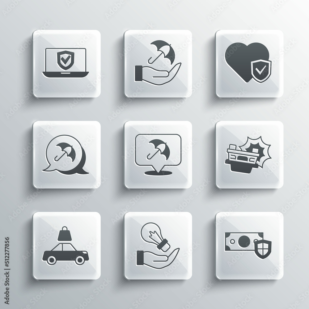 Set Light bulb in hand, Money with shield, Car accident, Umbrella, insurance, Insurance online and Life icon. Vector Set Light bulb in hand, Money with shield, Car accident, Umbrella, insurance, Insurance online and Life icon. Vector