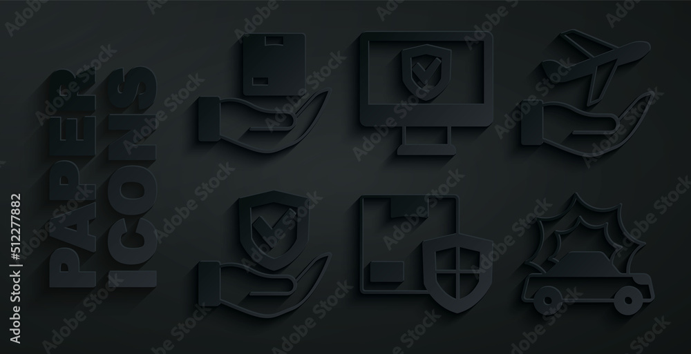 Set Delivery security with shield, Plane in hand, Shield, Car accident, Insurance online and insurance icon. Vector Set Delivery security with shield, Plane in hand, Shield, Car accident, Insurance online and insurance icon. Vector